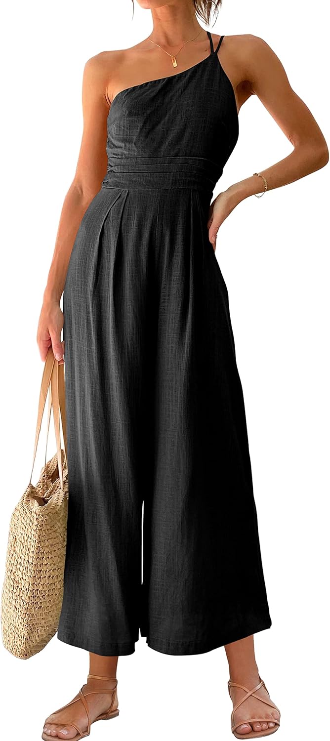 ANRABESS Women's Summer Straps One Shoulder High Waist Dressy Casual Wide Leg Linen Jumpsuit Romper Beach Travel Outfits Review