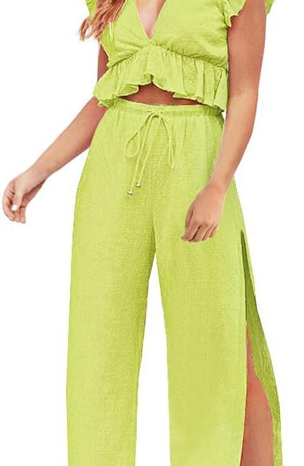FANCYINN Womens 2 Pieces Outfits Deep V Neck Crop Top Side Slit Drawstring Wide Leg Pants Set Jumpsuits Review