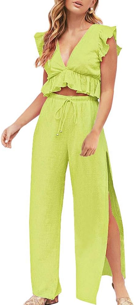 FANCYINN Womens 2 Pieces Outfits Deep V Neck Crop Top Side Slit Drawstring Wide Leg Pants Set Jumpsuits Review
