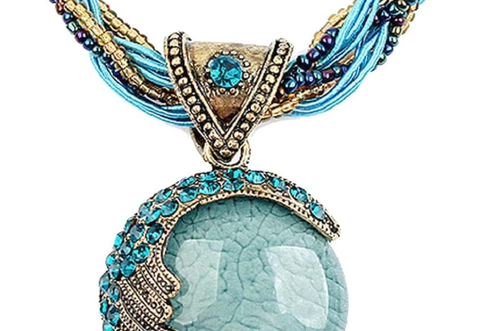 Harlorki Women Lady Handmade Retro Vintage Bohemian Style Twist Woven Rope Chain Turquoise Rhinestone Pendant Collar Necklace Fashion Jewelry Review